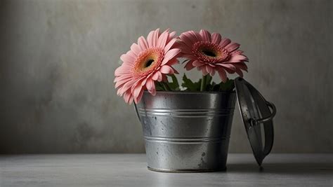 Premium Photo A Metal Bucket With Pink Flowers In It