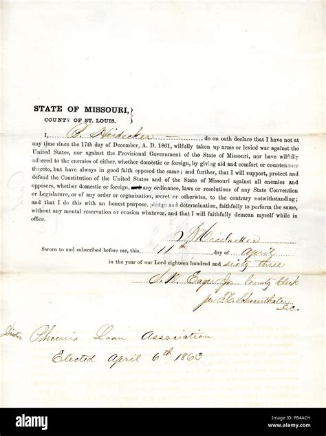 944 Loyalty Oath Of B Heidacker Of Missouri County Of St Louis Stock