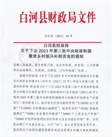 关于下达2023年第二批中央财政衔接推进乡村振兴补助资金公告 白河县人民政府