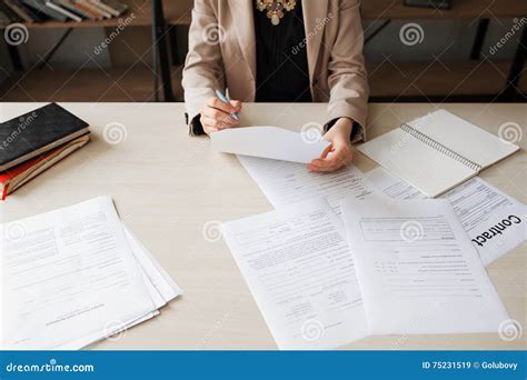 Unrecognizable Woman Reading Document Free Space Stock Image Image