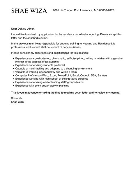 Residence Coordinator Cover Letter Velvet Jobs