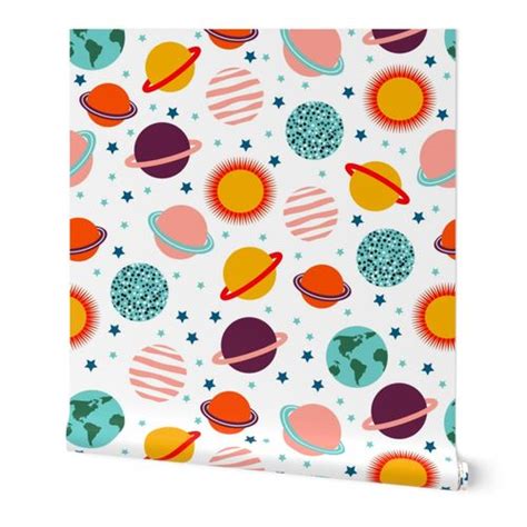 Planets and Stars - white (large) Wallpaper | Spoonflower