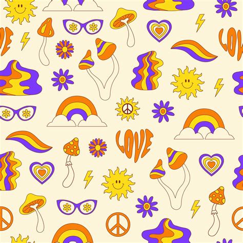 modèle sans couture rétro groovy avec des éléments hippies sur fond