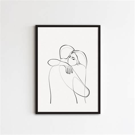 Couple Hug Print One Line Art Romantic Relationship Wall Etsy