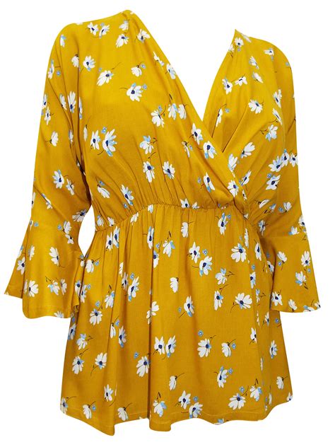 Curvewow Curvewow Mustard Floral Print Frill Wrap Top Plus Size 16 To 3032