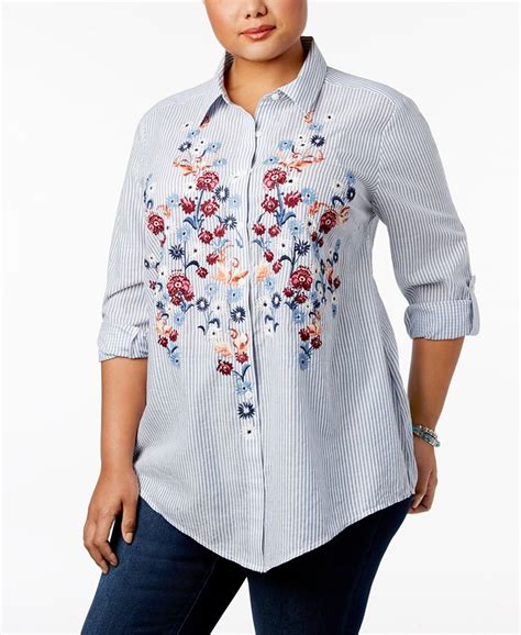 Style And Co Plus Size Embroidered Striped Shirt Created For Macys Macys