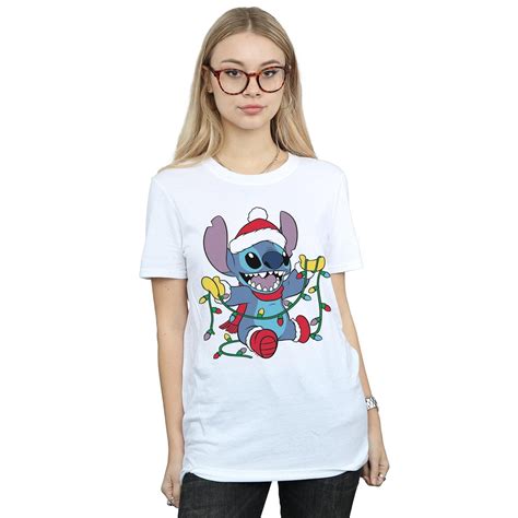 Disney Womens Lilo And Stitch Christmas Lights Cotton Boyfriend T Shirt