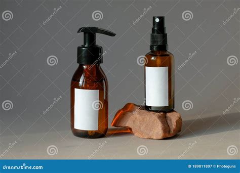 Amber Glass Cosmetic Bottles Mockups Natural Organic Hand Gel In Pump