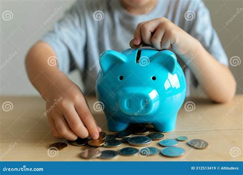 Boy Counting Coins Before Adding To A Blue Piggy Bank Stock