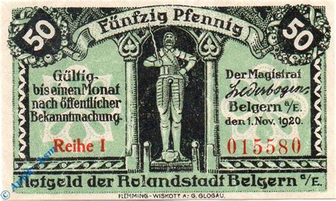 Notgeld Belgern Pfennig Schein Tieste Von