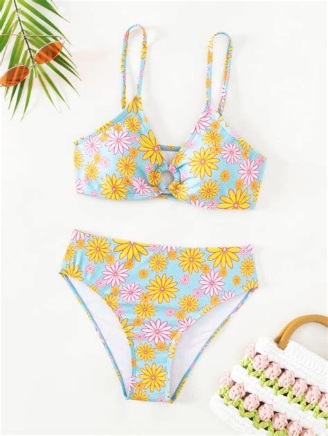 SHEIN Teen Girls Floral Print Ring Linked Bikini Swimsuit SHEIN USA