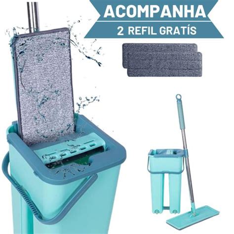 Flat Mop Esfregão Inox extensível 2 refil e Balde 6L 123 UTÍL