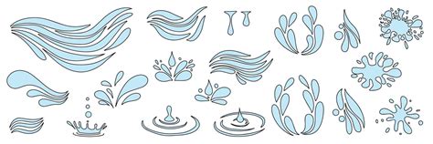 Set Of Wave And Drop Water Doodle Style In Color Vector Illustration