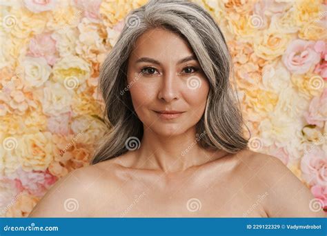 Smiling Mature Topless Woman Standing Posing Stock Image Image Of