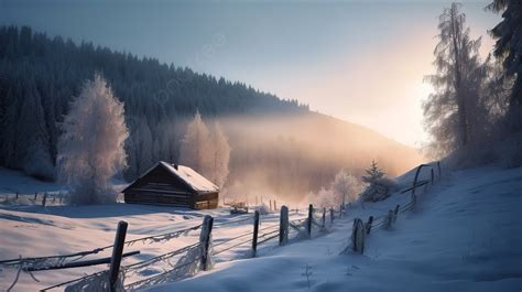 Cabin Is In The Middle Of A Snowy Mountain Background Snowy Scenery