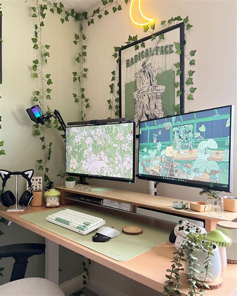 Green Aesthetic Cozy Gaming Setup🌱🪴 Room Setup White Desk Setup Gaming Room Setup