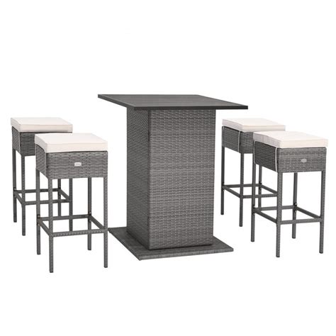 5 Pieces Outdoor Wicker Bar Table Set With Hidden Storage Shelves White