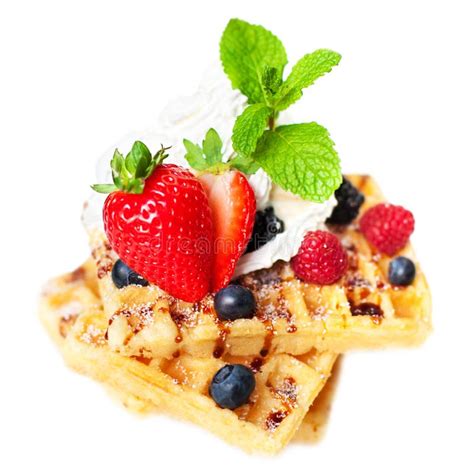 Belgian Waffles Topped With Cream Fruits Syrup And Icing Home Stock