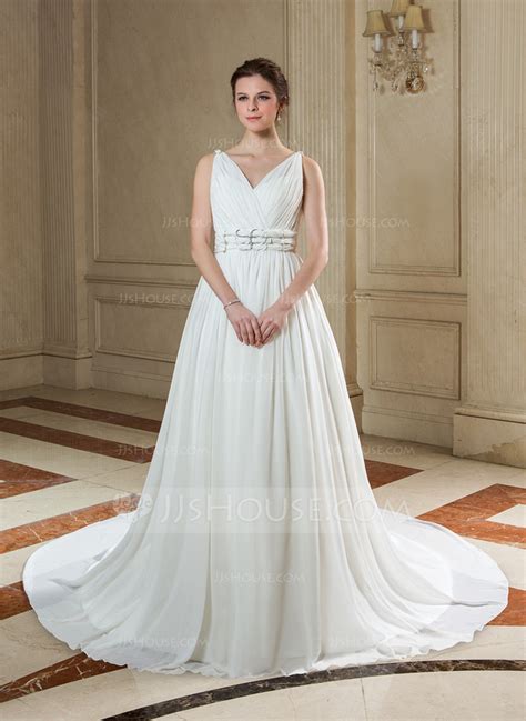 A Line Princess V Neck Chapel Train Chiffon Wedding Dress With Ruffle