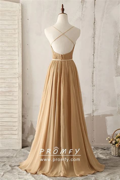 Pleated Camel Chiffon Double Slits Bridesmaid Dress Promfy