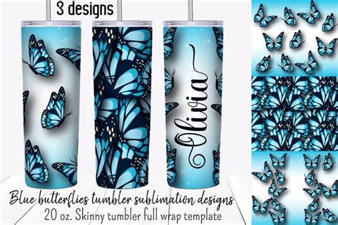 Blue Butterflies Tumbler Sublimation Design