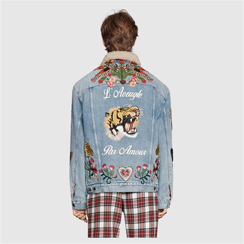 Embroidered Denim Jacket With Shearling In Light Blue Bleach Washed