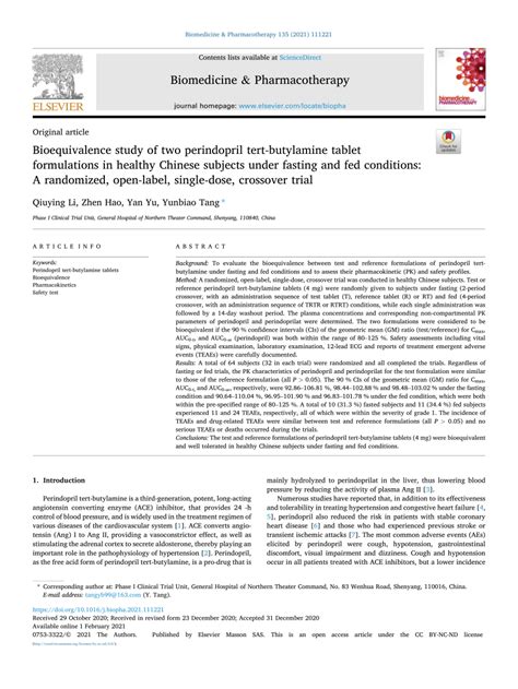 Pdf Bioequivalence Study Of Two Perindopril Tert Butylamine Tablet