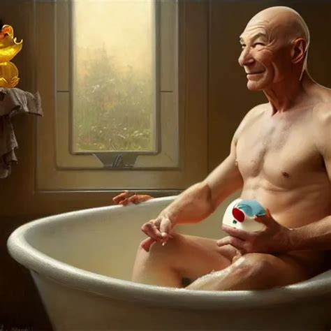 Fully Clothed Patrick Stewart In A Bathtub With A Stable Diffusion