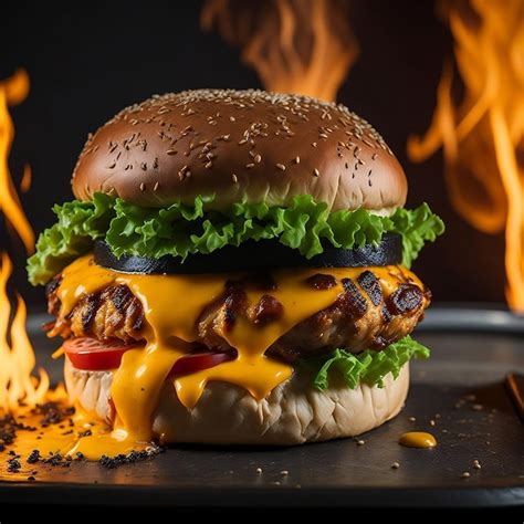 Premium Photo Hot Burger In Fire Flames Hot Cheesy Beef Burger In