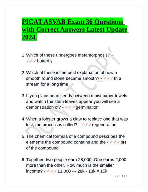 PICAT ASVAB Exam 36 Questions With Correct Answers Latest Update 2024