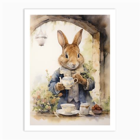 Bunny Drinking Tea Rabbit Prints Watercolour 1 Art Print by Tiny ...