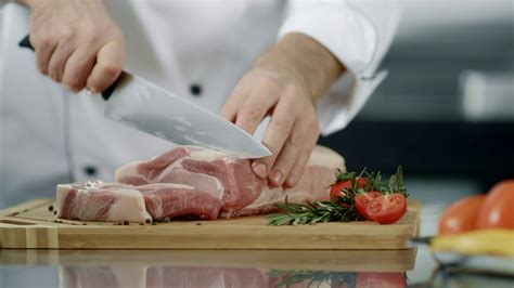 Chef Hands Cutting Meat Slice At Kitchen Stock Footage SBV-334816863 ...