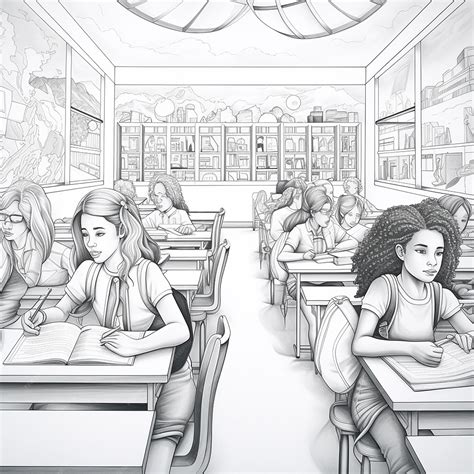 Premium AI Image | a drawing of a classroom with a girl sitting at the ...