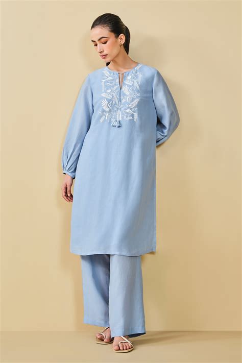 Buy Blue Bamberg Linen Embroidery Chikankari Cloud Sky Kurta And Pant