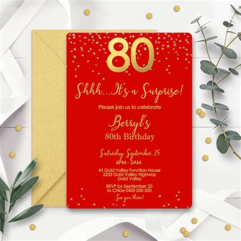 80th Birthday Red Invitation Etsy