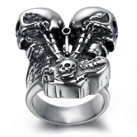 Mens Stainless Steel Ring Vintage Skull Motor Engine Stainless