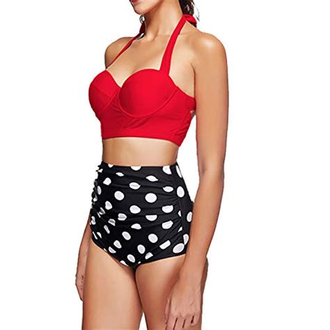 Uphitnis Damen Bikini Set Bademode Retro Stil Blumen Falten Badeanzug Rot Gr Xl