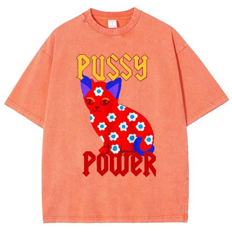 CustomMagic Pussy Power Cat Unisex Oversized Print Vintage Wash Denim Casual T Shirt Orange