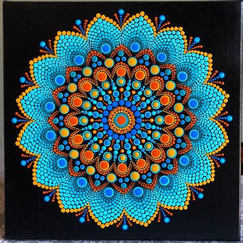 Colorful Dot Mandala Hand Painted On Black Stretched Canvas Etsy