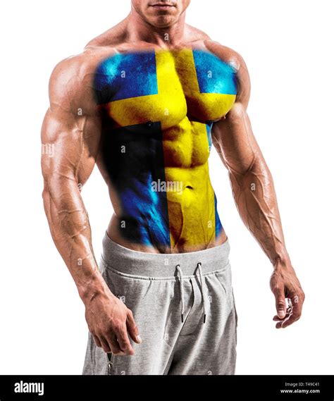 Torso Of Shirtless Muscular Man With Sweden Flag Painted On Naked Chest Isolated On White In