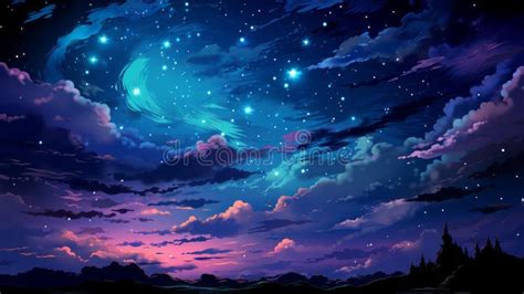 An Anime Landscape with Stars and Clouds in the Sky Stock Illustration ...