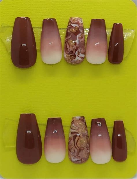 Coffee Mocha Nails Brown Gold Marble Nude Fall Winter Autumn Press On