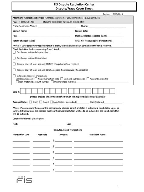 Fillable Online Fis Dispute Resolution Center Dispute Fraud Cover Sheet