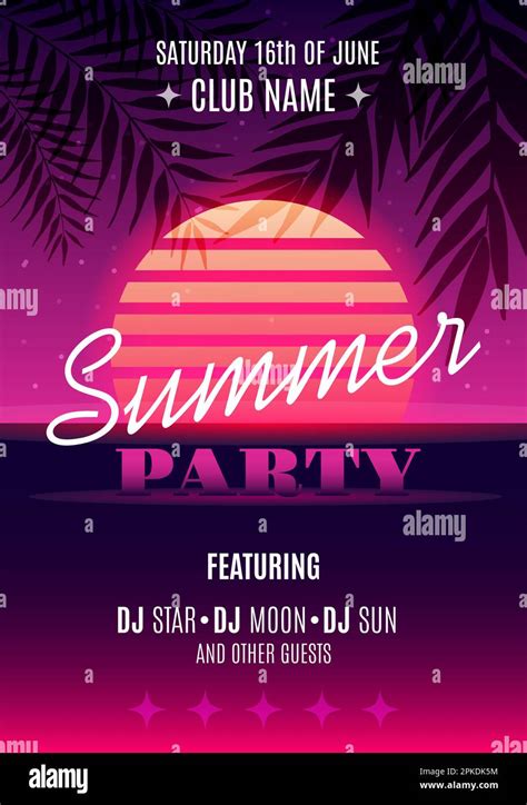 Summer Party poster design. Music party flyer artwork template A4. Creative palm tree background ...