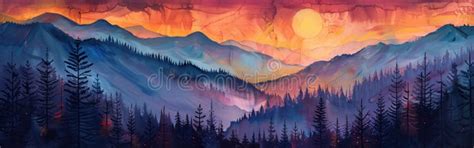 Mountain Sunrise: Modern Abstract Acrylic Oil Painting of Forest Landscape with Fir Trees and ...