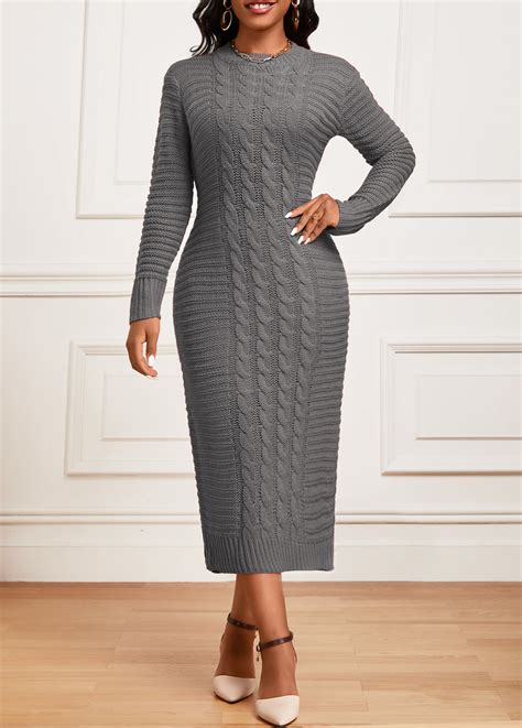 Dark Grey Long Sleeve Round Neck Bodycon Dress Rosewe Usd