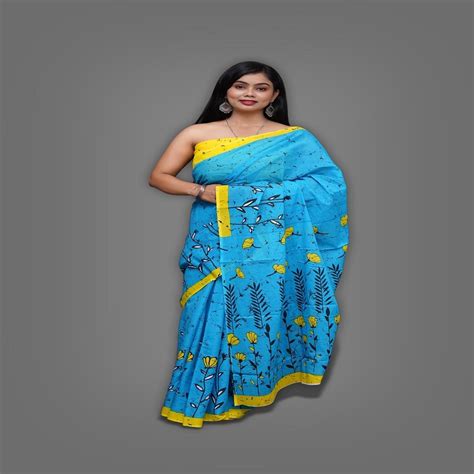 Party Wear Hand Block Printed Cotton Mulmul Saree With Blouse Piece