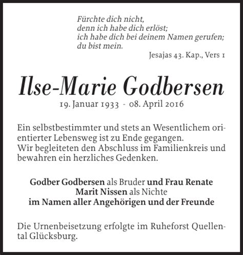 Traueranzeigen Von Ilse Marie Godbersen Sh Z Trauer