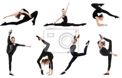 Collage Of Teenage Girl Doing Gymnastics Exercises On White Background