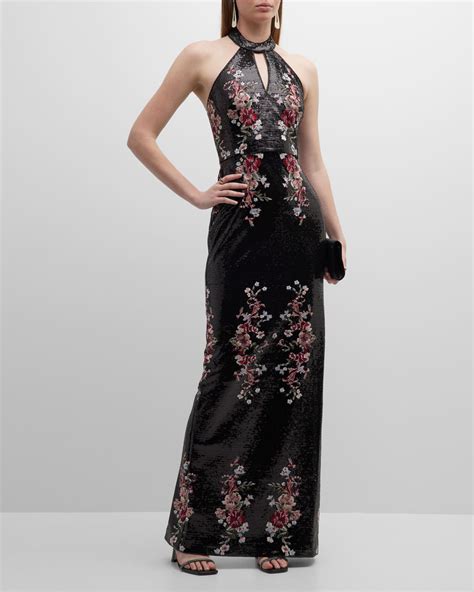 Marchesa Notte Floral Embroidered Cutout Sequin Halter Gown Neiman Marcus